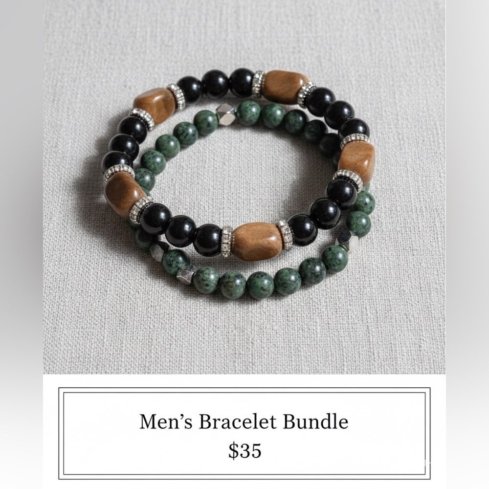 Men's Natural Stone Bracelet Set - Black Onyx, Serpentine & Wood - 2pc Bundle